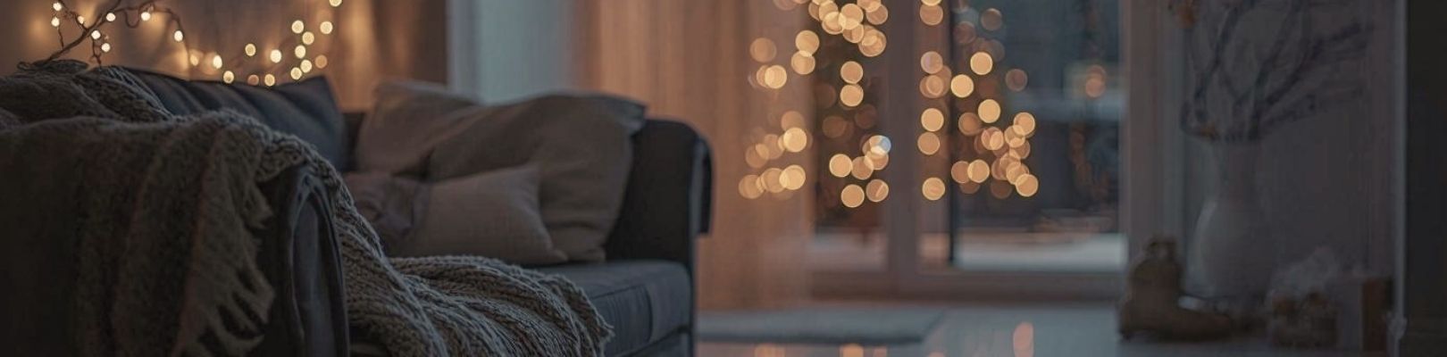 Calm living room in the evening with soft lighting and subtle Christmas lights, set up as a quiet rest space.