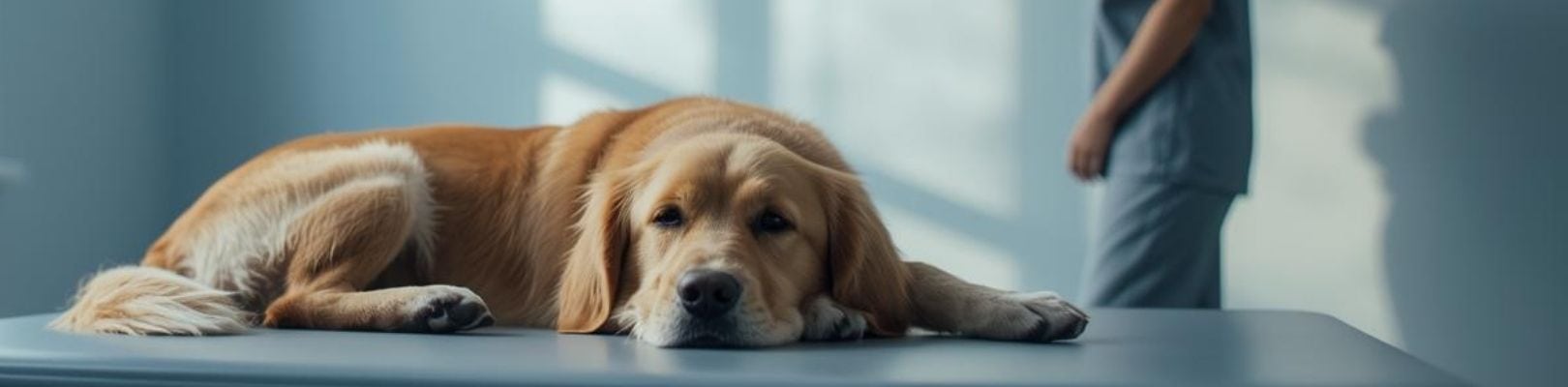 Dog resting calmly on an examination table, showing mild concern while remaining settled in a clinical environment.